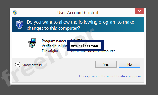 Screenshot where Artur Liberman appears as the verified publisher in the UAC dialog